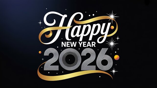 Elegant Gold Typography Happy New Year 2026 Celebration Design Sparkling Fireworks Dark Background Festive Holiday Greeting Card Template