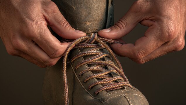 Tying adult hands knotting multi-colored braided laces on scuffed brown leather boot in studio