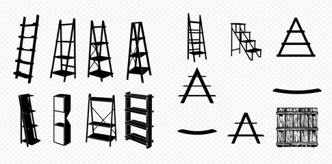A collection of black silhouette illustrations featuring various types of ladders, shelves, and display stands.