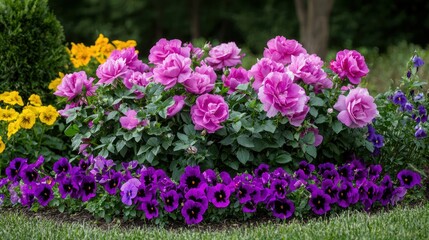 A close-up of English garden flowers, including classic roses, peonies, and pansies, in a well-maintained garden.