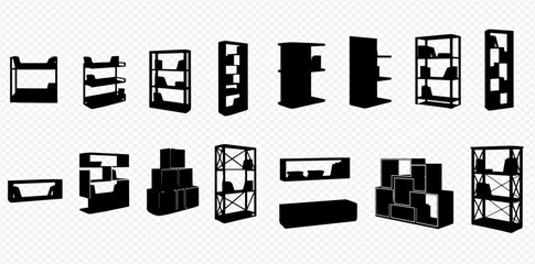 A collection of black silhouette icons depicting various modern and classic shelving units and bookcases for storage.