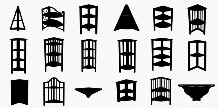 Set of various black silhouette icons depicting different types of shelving units, including corner shelves and display racks for home or office.