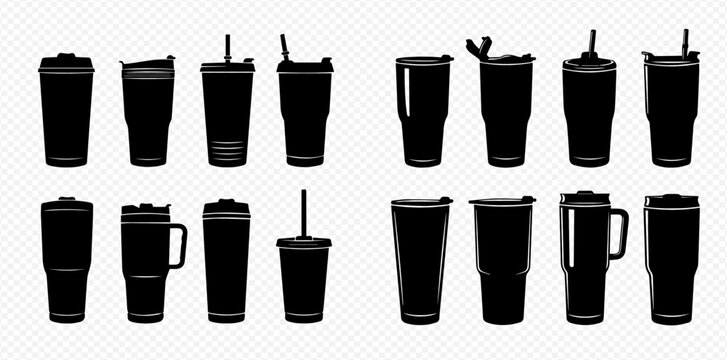 Collection of black silhouette insulated tumblers, travel mugs, and cups with lids and straws in various shapes and sizes, isolated on a transparent background.