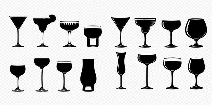 Collection of various black silhouette drinking glasses and cocktail glassware vector set.
