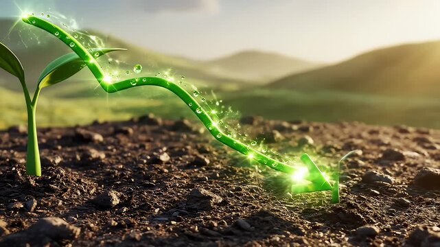 Green Arrow Moves Downward Next to Sprout in Soil Field