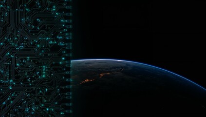 Showing planet limb revealing blue airglow and orange lights in orbit, with teal circuit seam