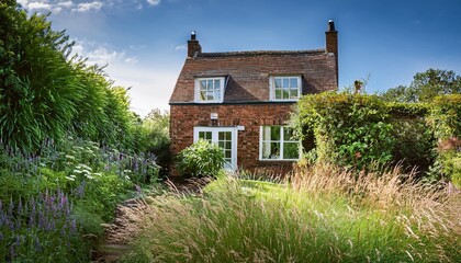 overgrown garden surrounds brick house in uk featuring tall grass weeds small greenhouse summer foliage obscures unkempt yard suggesting deserted neglected property with potential for renovation