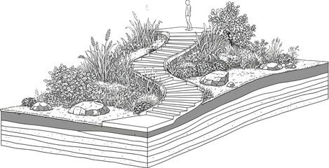 Person at the top of the stairs among plants and rocks © rehman