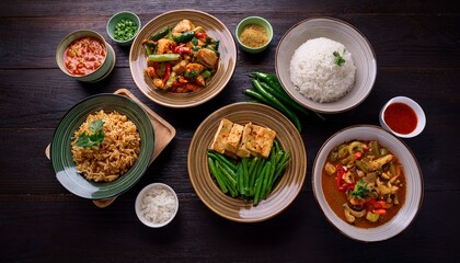 a delectable array of vibrant thai dishes including green beans tofu rice and flavorful curries artfully arranged on a dark wooden table for a delicious meal