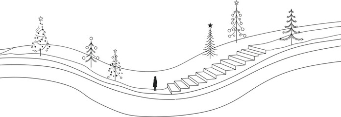 Woman walking on stairs toward Christmas trees on white