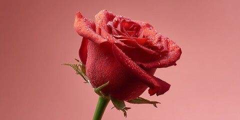Studio still life close-up, a single perfect long-stemmed red rose with dew drops on the petals, standing upright against a smooth seamless blush pink background