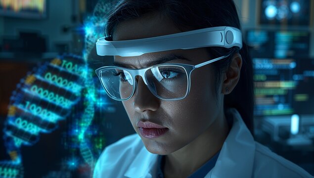 Analyzing holographic DNA projection scientist wearing white lab coat and AR visor in dimly lit lab