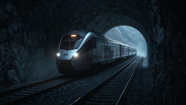 Traveling passenger train 35 cutting through mountain tunnel, headlights lighting twin rails - Powered by Adobe