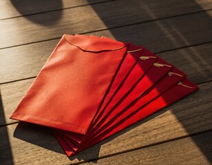 Red Envelopes Stacked on Wooden Table with Soft Natural Light