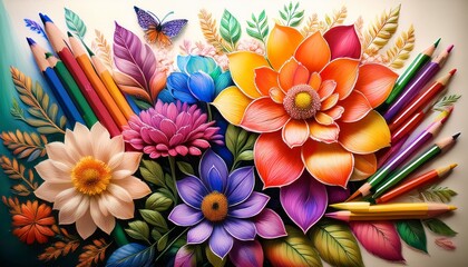 stunning vibrant floral artwork with colorful pencils ideal for promoting creativity design or artistic inspiration in educational or creative projects