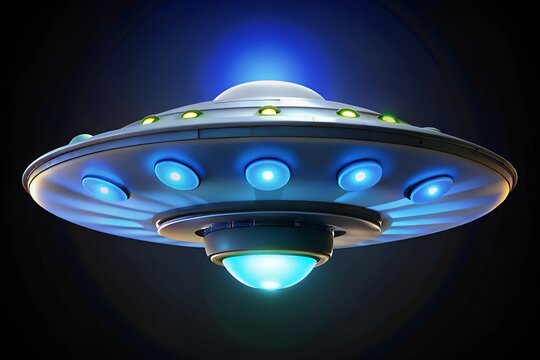 Glowing alien spaceship hovering in the darkness