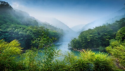 serene bamboo forest mist shrouded mountains peaceful landscape river fog