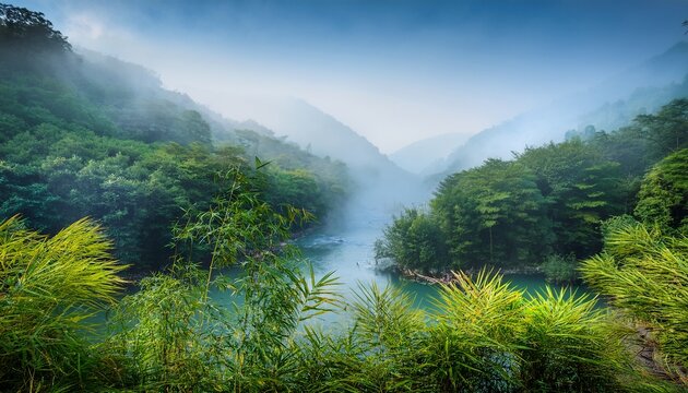 serene bamboo forest mist shrouded mountains peaceful landscape river fog
