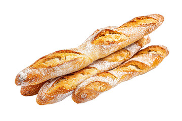Freshly baked golden baguettes dusted with flour, isolated on transparent background