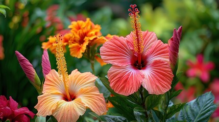 A close-up of exotic flowers in a botanical garden, including tropical blooms like hibiscus and orchids.