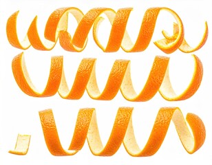 Three curled orange peels, isolated, bright, textured