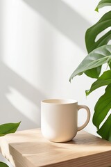 White ceramic mug on a wooden block next to a green monstera plant leaf. Minimalist composition with natural light and soft shadows on a white wall