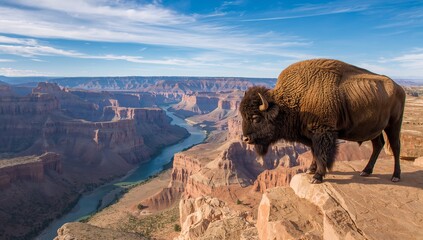 Standing adult American bison watching canyon walls from rock ledge, with winding river, copy space