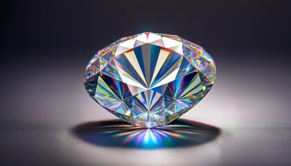 a brilliant round cut diamond sparkles with iridescent colors its flawless facets reflecting light against a smooth grey background highlighting its value