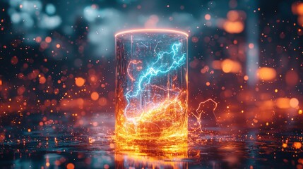 Cylinder glowing with electric energy amidst sparks, creating a dynamic scene