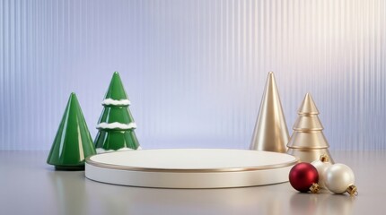 Modern Christmas product display podium with abstract green and gold trees, featuring festive holiday ornaments against a soft blue, ribbed background.