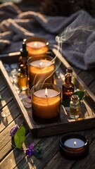 Obraz premium Tranquil Spa Scene with Candles and Essential Oils on a Wooden Tray