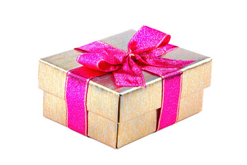 Golden gift box with a vibrant pink ribbon and bow, isolated on transparent background