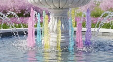 Decorative garden structure displays multiple vibrant colored water plumes into a reflecting pool