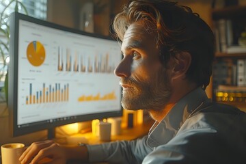 Caucasian businessman analyzing financial data on computer screen with colorful charts and graphs in warm evening office lighting.
