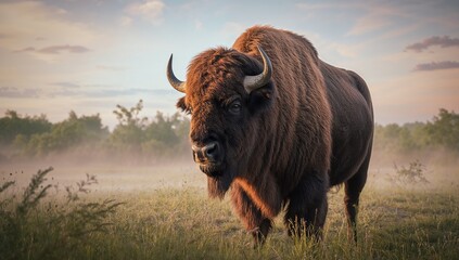 Standing adult American bison facing viewer in misty prairie at sunrise, with curved horns