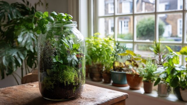 Self contained miniature garden thrives within a large glass container situated on wooden surface near a sunny window