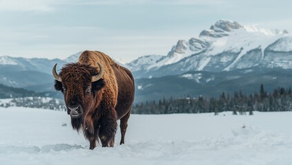 Standing large American bison surveying snowfield, with pines, snow peaks, sky and hoofprints