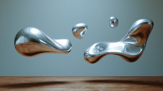 Three 3d objects floating in the air against a light blue background. the objects appear to be made of a shiny, metallic material, with a smooth, shiny surface.