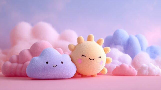 Kawaii sun and cloud plushie with a sweet smiling face - Powered by Adobe