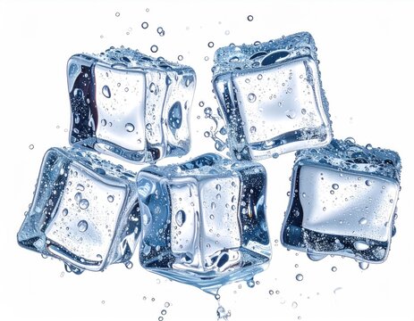 Glossy ice cubes with water droplets, floating, isolated
