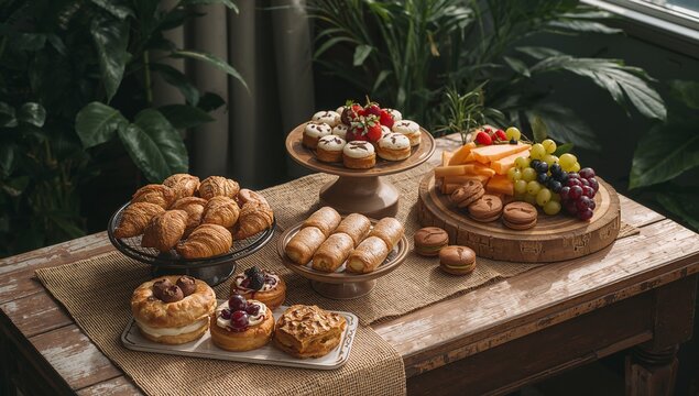 Displaying baked goods and fruit spread on rustic table with croissants and tarts near window - Powered by Adobe