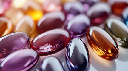 Colorful dietary supplement capsules in various translucent shades of purple, amber, and clear, arranged in rows showing vitamin and mineral pills.