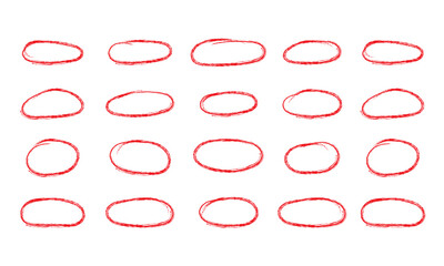 Red Grunge Circle and Oval Frames. Hand Drawn Red Highlighter Circles. Red Paint Circle Markers Collection. Distressed Oval Brush Stroke Frames.