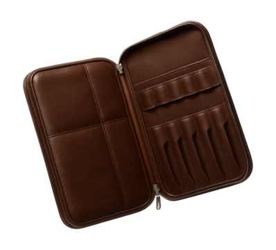 Multi-compartment leather case for professional chef knives.