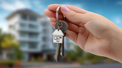 House keychain held by hand with pink nail polish front of blurred residential building symbolizing key to home ownership - Powered by Adobe