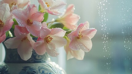 A close-up of fresh spring flowers in a decorative vase, with water droplets on the petals and soft natural light highlighting the colors.