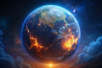Obraz premium Vibrant earth illuminated by celestial light and cosmic dust