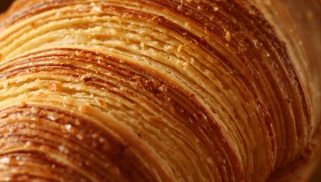 Showing laminated croissant pastry with thin flaky layers in studio macro, glazed crust and crumbs
