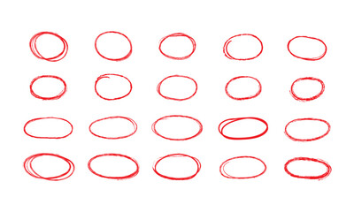 Red Grunge Circle and Oval Frames. Hand Drawn Red Highlighter Circles. Red Paint Circle Markers Collection. Distressed Oval Brush Stroke Frames.