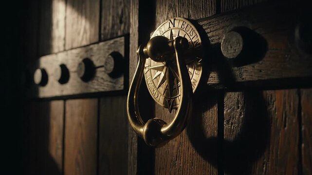 Antique wooden door with brass compass knocker in dramatic lighting and shadow play